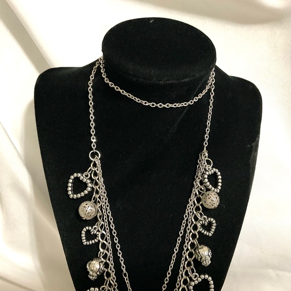 SilverTone Acrylic Heart Charms Necklace - Picture 5 of 5